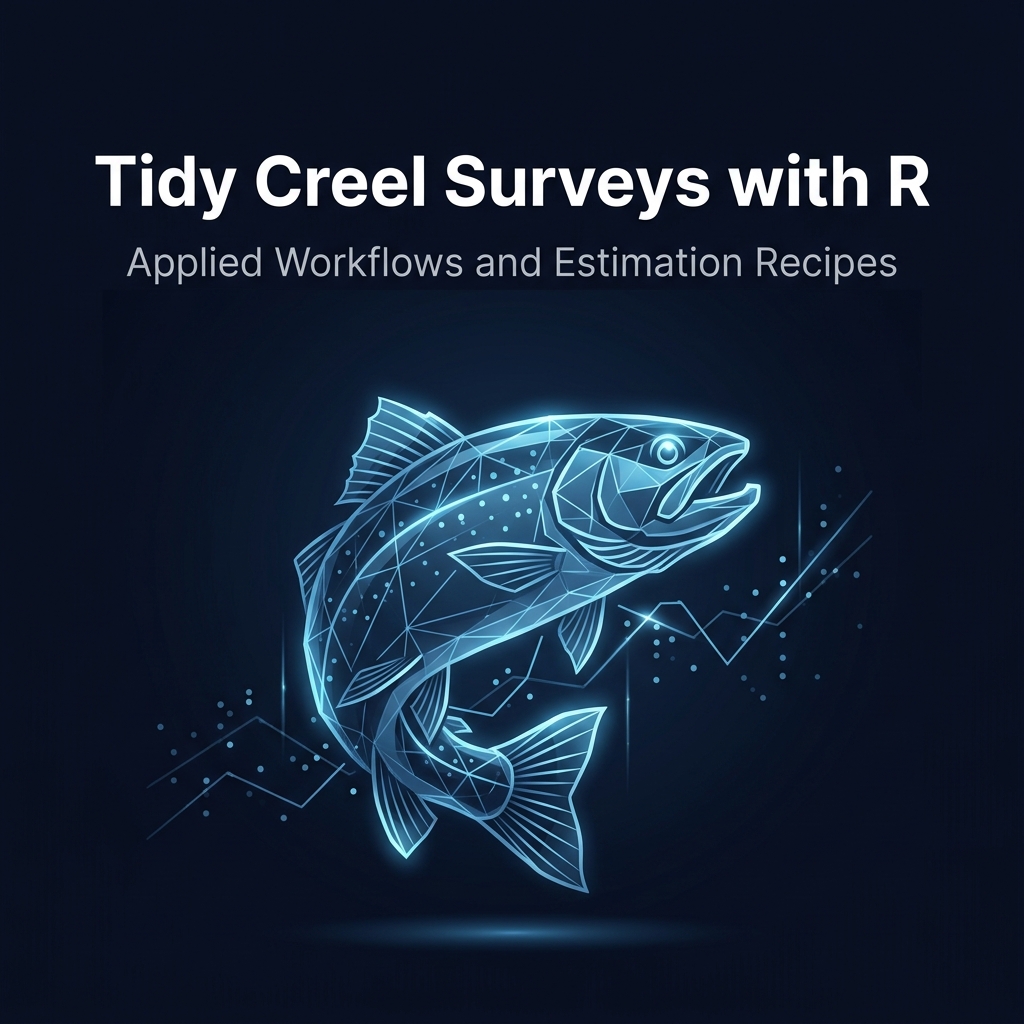 Modern Creel Survey Analysis in R Cover image for Modern Creel Survey Analysis in R, showing a stylized glowing fish on a dark background.